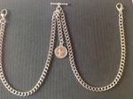 Double Albert Pocket Watch Chain with "Lucky" ER II Sixpence Fob,silver coloured