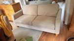 2-Seater Camel coloured Fabric Sofa with Wooden Legs, Solid/Plain Upholstery