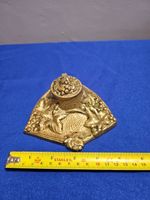 Antique Brass Inkwell Ornate Pen Holder Victorian Art Deco Leaf Design