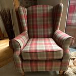 Upholstered Wingback Chair High Back With Arms Red/Grey Tartan 85x85x100cm