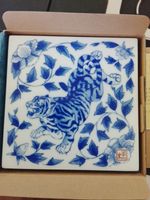 Arita Ware Fukusen Kiln Square Porcelain Plate Blue Tiger Bamboo Box MintCert