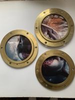 Great White Shark Jaws Professional art print In Real Antique Brass Porthole X3