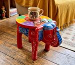 Ornamental Carved Wood Red Multi Elephant Stool Table Wooden Lamp Plant Stand