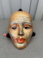 Vintage Cast Brass Face Mask Hand Painted Floral Leaf Red Lips Wall Decor