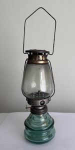 Vintage Mini Oil Lamp with Hanging Loop, Wick, and Green Glass Base, Decorative