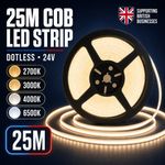 25M COB LED Strip Light 24V Dotless Tape 2700K 3000K 4000K 6500K Warm Cool White