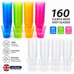 160 Reusable Plastic Shot Glasses Clear Neon Party Cups 30ml Multi Use UK Pack