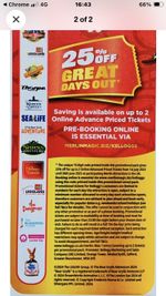 KELLOGG'S ONLINE CODE GIVING 25% OFF FOR 2 AT MERLIN, CODE SENT SAME DAY