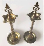 Two Big Size Brass Oil Lamp Standing Diya  5 Wick Worship Stand Lamp 42  × 13 Cm