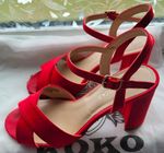 Peacocks Red Faux Suede Strappy Open Toe Block Heel Ankle Strap UK 4