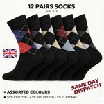 12 Pairs Men's Argyle Dress Socks Size 7-9 Mid Calf Cotton Blend Stretch Black