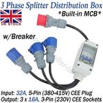 MCB 3 Pin Phase Splitter Distribution Box 32A 5 Pin To 3X 16A 3 Pin Cee Breaker