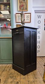 An Oak Tambour Front Filing Cabinet, Ebonised Finish With Five Drawers, Antique.