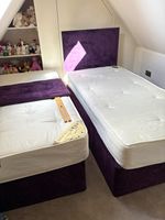 2x  Single Divan Beds, Purple Velvet Tufted Headboard + Mattress