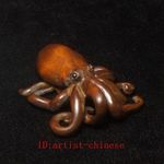 China Boxwood Hand Carved octopus fish Statue netsuke Gift Collection figure