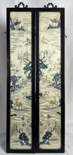 Pair Antique Chinese Silk Embroidery Panels Landscape Figures Deer Late Qing