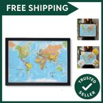 Framed Push Pin World Travel Map - Canvas Pin Board Black Frame with Assorted...
