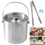 Stainless Steel Ice Cooler 2L Ice Bucket + Tongs & Lid Insulated Double Walled