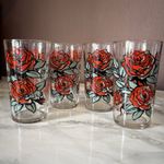 Vintage Mid Century Set Of 4 Made In England Red Rose Graphic Drinking Glasses