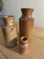 Collection of Three Antique Salt Glazed Heavy Solid Stoneware Pots Bottles Brown