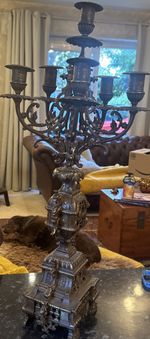 Antique 19thC French Baroque Ornate Brass 5 Arm Candelabra Altar Style 24"