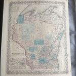 ORIGINAL 1855 COLTON'S HAND COLORED MAP OF WISCONSIN