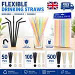 100/500 Straws Flexible Bendy Birthday Party Plastics Drinking Straws UK