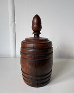 Vintage Wooden Barrel Pot with Lid Turned Treen Acorn Finial Rustic Storage