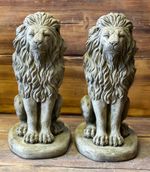 STONE GARDEN PAIR OF PROUD LION ON BASE STATUE PILLAR CAP DETAILED GIFT ORNAMENT