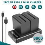 2× NP-F970 8800mAh Battery +Charger For Sony NX5 NP-F550 NP-F930 NP-F950 NP-F960
