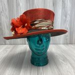 Jacques Vert Red & Brown Straw Occasion Hat With Feather & Scarf Detail PK