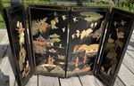 Four Panel Folding Table Top Screen Black Lacquer Applied Carved Birds Deer 18”