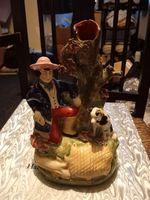 Early 19th Century Staffordshire Flat Back Man And Dog Over A Dead Animal Figure