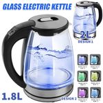 1.8L/2L Electric Kettle Glass 360 LED Illuminated Jug Auto Shut Off Protection