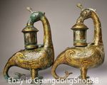 12.8" Old China Bronze Ware Gilt Dynasty Swan Phoenix Flower Candlestick Pair