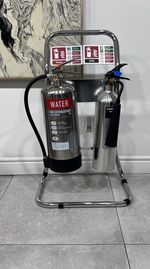 Premium Chrome Silver Fire Extinguisher Bundle -6l water, 2kg Co2, stand & signs
