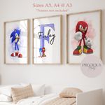 Set of 3 Childrens Personalised Sonic and Knuckles Bedroom Print / A5 A4 A3