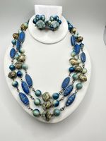 VTG Antique Blue White Floral Plastic Silver Tone Necklace Clip Earrings 22in