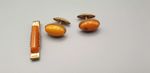 Vintage Gold Plated Cufflinks & Tie Clip with Real Amber