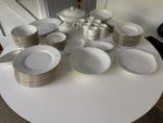 Royal Limoges Renaissance Monogram M White/Gold Porcelain Dinner Set, 12 place