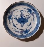 Blue Pink And White Vintage Japanese Hijiri Gama Porcelain Shallow Bowl / Plate