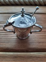 A. E. Jones Arts & Crafts Silver Mustard Pot With Spoon And Ruskin Pottery Liner
