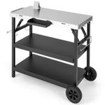3-Tier Foldable Outdoor Cart Movable Multifunctional Flattop Worktable 2 Wheels