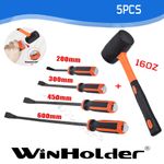 4PC Pry Bar Set 200-600mm Lever Bars Wrecking & 16oz Rubber Mallet Hammer