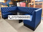Blue Button Tufted Upholstered Corner Restaurant Booth Seating Set w/ Table 72"