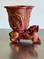 Chinese Tang Style Gilt Red Bronze Wine Cup Mythical Beast VTG Decorative Art