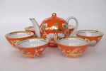 Vintage Soviet Porcelain Tea Set – Red & Gold Teapot with 6 Bowls USSR 1980