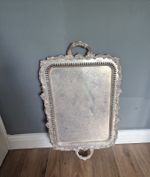 Large Antique Silver‑Plated Serving Tray – Ornate Floral Engraving – 76cm x 45c