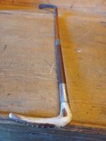 Antique Unhallmarked Silver ? Collared Antler Topped Wood Leather Riding Crop