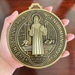 Extra Large 5 Inch St Benedict Cross Medal Vintage Brass Tone Finish for Wall or